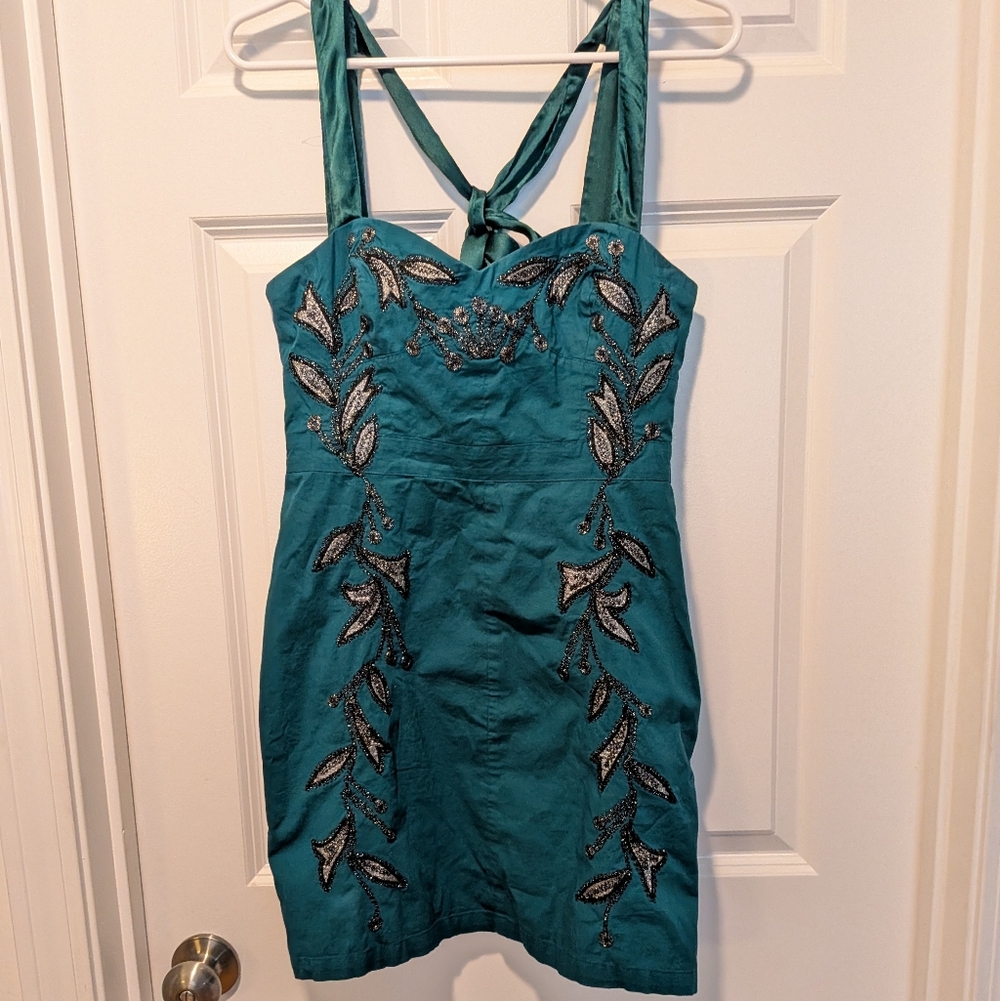 FP Movement by Free People Teal Mini Dress with Silver Accents 4, Wedding Guest